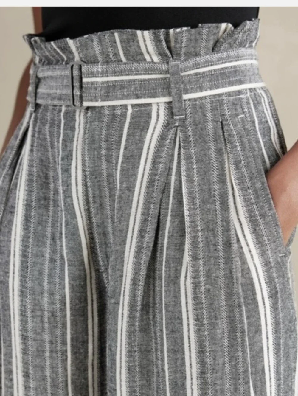 BANANA REPUBLIC Linen Blend Paper Bag Wide-Leg Pants - Black & White Stripe